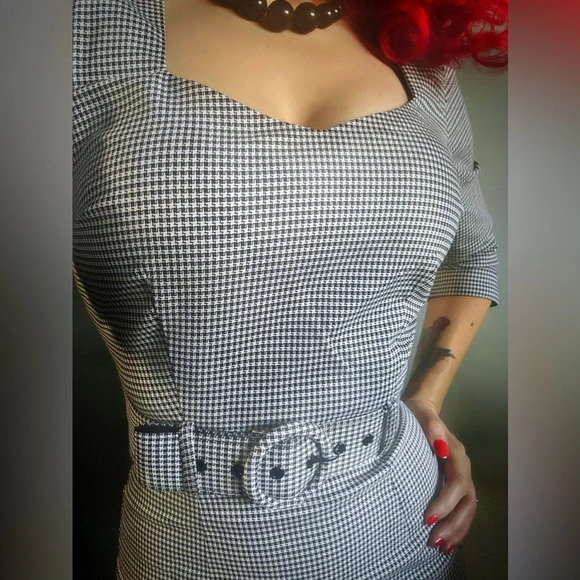 COLLECTIF London 50s Katya Houndstooth Pencil Dress, Black/White, Size 10, NWOT - Picture 2 of 8